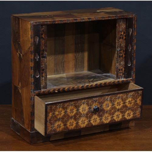 259 - An associated pair of Japanese yosegi-zaiku parquetry chatanzu or table-top cabinet, possibly Hakone... 