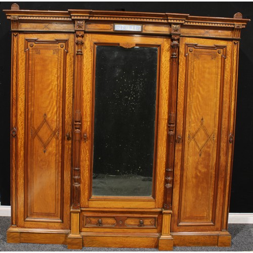 1364 - An Aesthetic Movement jasperware mounted satinwood wardrobe, outswept cornice above a central mirror... 