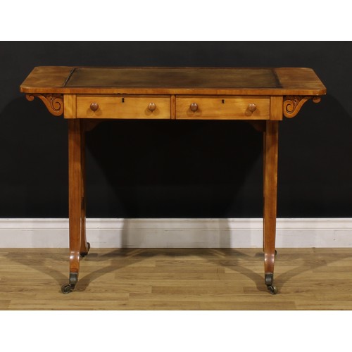 1208 - A George IV walnut writing table, rounded rectangular top with inset tooled and gilt writing surface... 