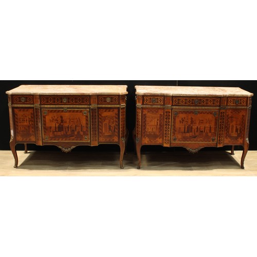 1275 - A pair of Italian marquetry commodes, in the 18th century Lombardy taste, each with marble top above... 