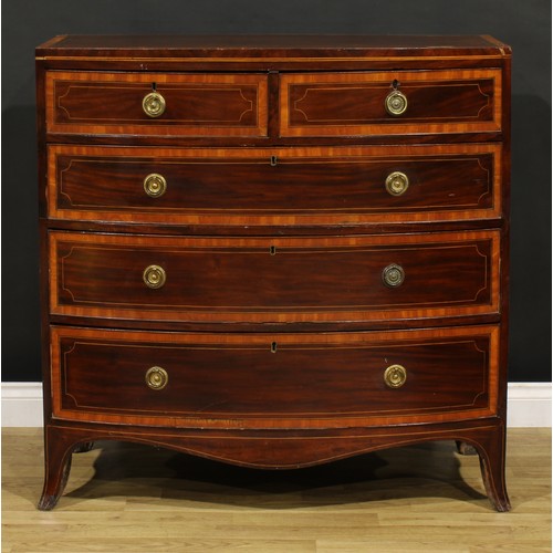 1491 - A 19th century satinwood banded mahogany bowfront chest, of two short and three long graduated drawe... 