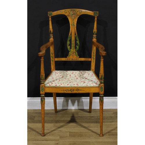 1273 - A Sheraton Revival satinwood and painted armchair, stuffed-over seat, turned forelegs, 99cm high, 53... 