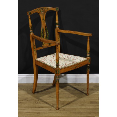 1273 - A Sheraton Revival satinwood and painted armchair, stuffed-over seat, turned forelegs, 99cm high, 53... 