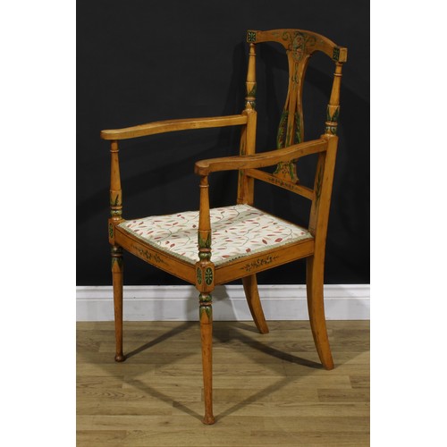 1273 - A Sheraton Revival satinwood and painted armchair, stuffed-over seat, turned forelegs, 99cm high, 53... 