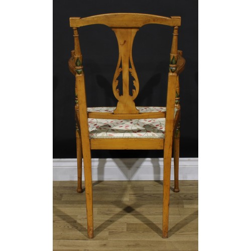 1273 - A Sheraton Revival satinwood and painted armchair, stuffed-over seat, turned forelegs, 99cm high, 53... 