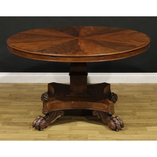 1454 - A William IV mahogany dining table, in the manner of Johnstone, Jupe & Co, circular top with segment... 