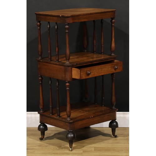 1877 - A William IV rosewood three-tier whatnot, rounded rectangular plateaux, turned supports, drawer to c... 