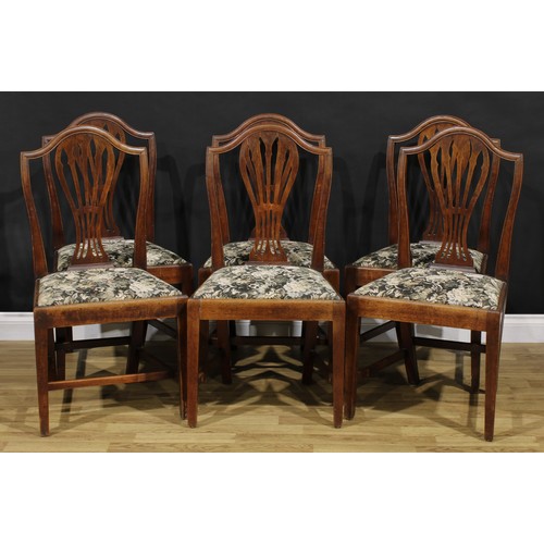 1347 - A set of six 19th century Hepplewhite design mahogany dining chairs, 97cm high, 51.5cm wide, the sea... 