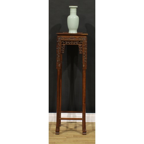 1230 - A Chinese hardwood jardiniere stand or porcelain pedestal, square top with inset marble panel, shape... 