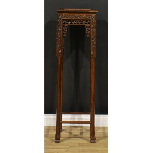 1230 - A Chinese hardwood jardiniere stand or porcelain pedestal, square top with inset marble panel, shape... 