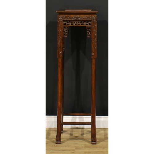 1230 - A Chinese hardwood jardiniere stand or porcelain pedestal, square top with inset marble panel, shape... 