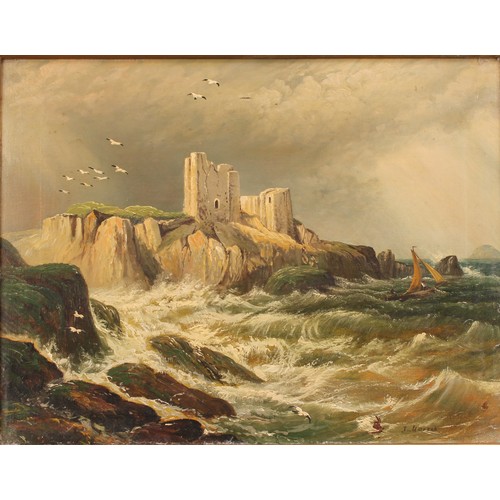 474 - J. Morris (English School, fl. 1898) Seascape and Castle Ruin signed, oil on canvas, 34cm x 45cm