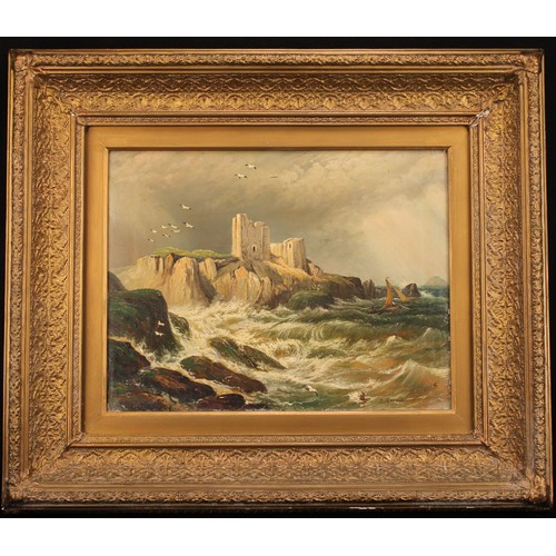 474 - J. Morris (English School, fl. 1898) Seascape and Castle Ruin signed, oil on canvas, 34cm x 45cm