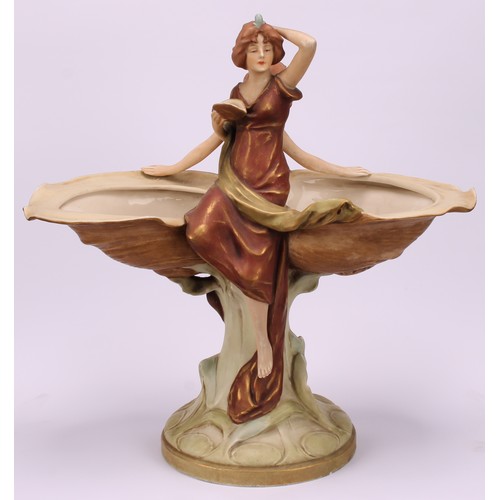 160 - An Art Nouveau Royal Dux table centrepiece, modelled as two maidens seated and standing beside two o... 