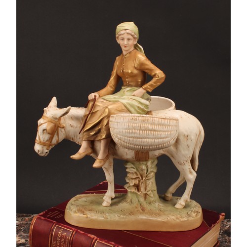 152 - A Royal Dux figural table centrepiece, modelled as a young girl riding a donkey, naturalistic oval b... 