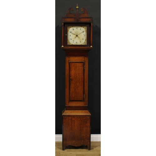 1187 - A George III oak and mahogany longcase clock, 28cm enamel dial inscribed Isaac Warner, Campden, date... 