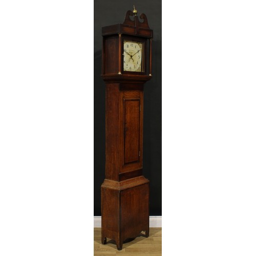 1187 - A George III oak and mahogany longcase clock, 28cm enamel dial inscribed Isaac Warner, Campden, date... 