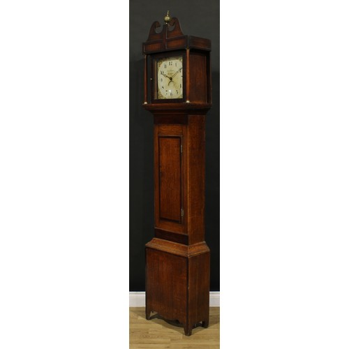 1187 - A George III oak and mahogany longcase clock, 28cm enamel dial inscribed Isaac Warner, Campden, date... 