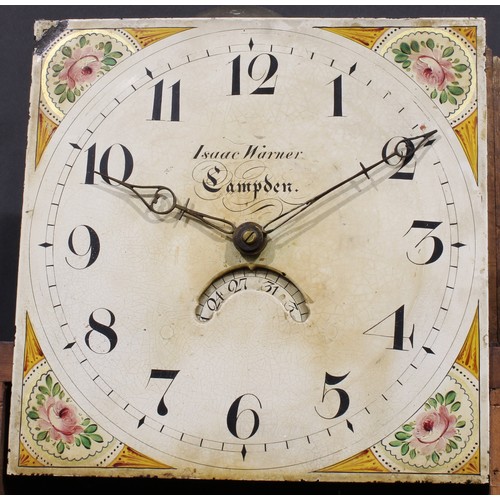 1187 - A George III oak and mahogany longcase clock, 28cm enamel dial inscribed Isaac Warner, Campden, date... 