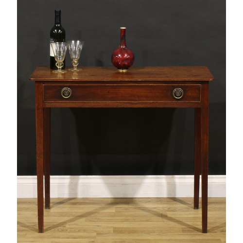 1400 - A George III mahogany side table, oversailing top with channelled edge above a long cockbeaded friez... 