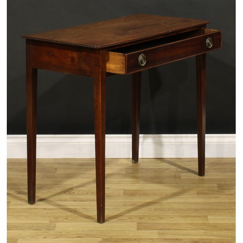 1400 - A George III mahogany side table, oversailing top with channelled edge above a long cockbeaded friez... 