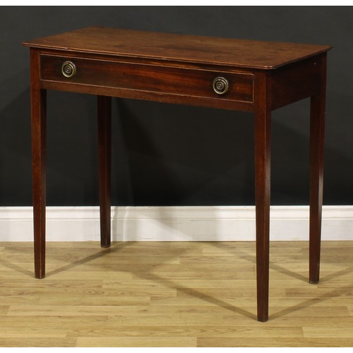 1400 - A George III mahogany side table, oversailing top with channelled edge above a long cockbeaded friez... 