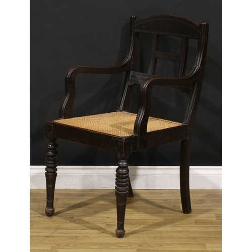 1542 - A pair of 19th century Colonial armchairs, curved cresting rails, downswept arms, cane seats, ring-t... 