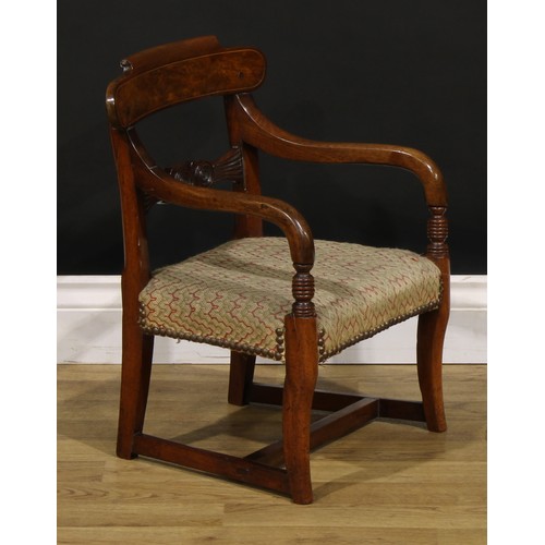 1412 - A George IV mahogany child’s armchair, curved flame-veneered cresting rail, the mid-rail with three ... 