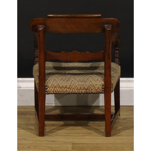 1412 - A George IV mahogany child’s armchair, curved flame-veneered cresting rail, the mid-rail with three ... 