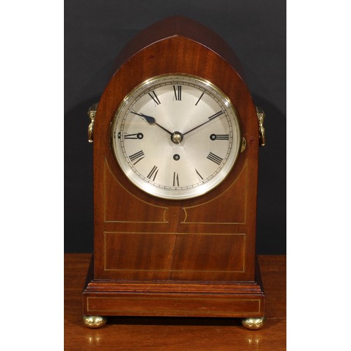 1884 - An Edwardian mahogany lancet shaped mantel clock, in the Regency taste, 16cm silvered dial inscribed... 