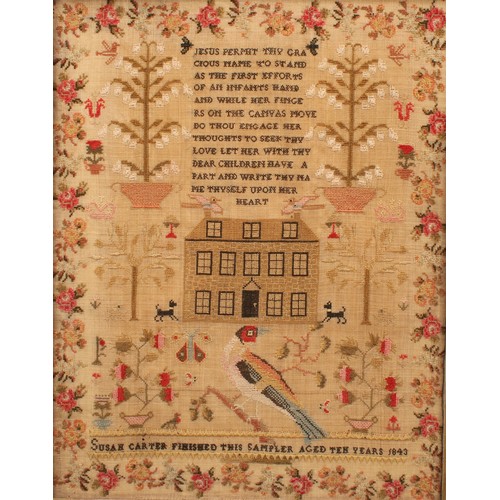 348 - A Victorian needlework sampler, by Susan Carter, aged ten, 1843, with a house and domestic animals i... 