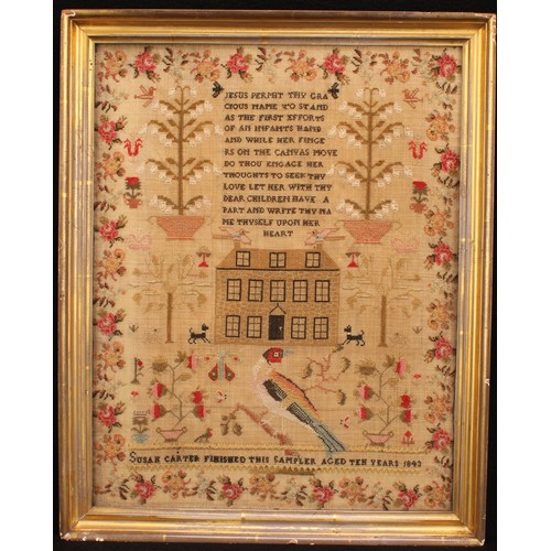 348 - A Victorian needlework sampler, by Susan Carter, aged ten, 1843, with a house and domestic animals i... 