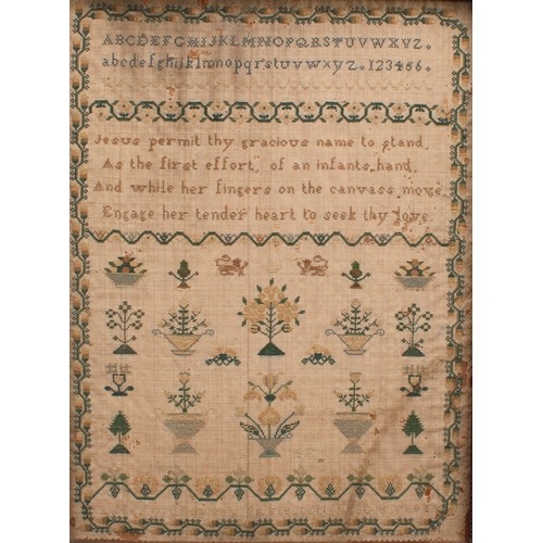 347 - A Victorian needlework sampler, by Mary Bromley, aged eight, 1847, with trees and fauna in a floral ... 