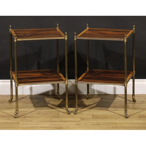 1544 - A pair of Art Deco period Regency Revival maple banded coromandel and brass etageres, 59.5cm high, 3... 