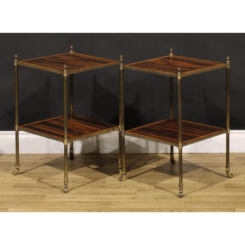 1544 - A pair of Art Deco period Regency Revival maple banded coromandel and brass etageres, 59.5cm high, 3... 