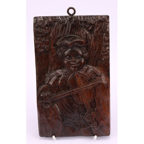 1297 - A set of three Romayne type oak panels, carved in relief with Renaissance musicians, 20cm x 11.5cm