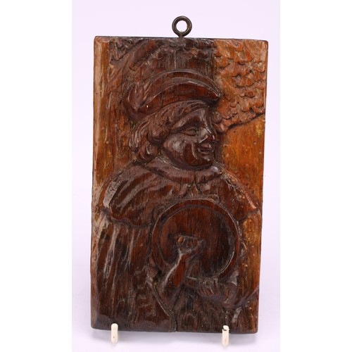 1297 - A set of three Romayne type oak panels, carved in relief with Renaissance musicians, 20cm x 11.5cm