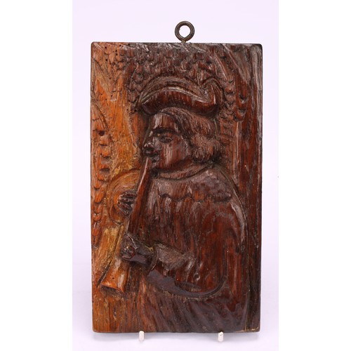 1297 - A set of three Romayne type oak panels, carved in relief with Renaissance musicians, 20cm x 11.5cm