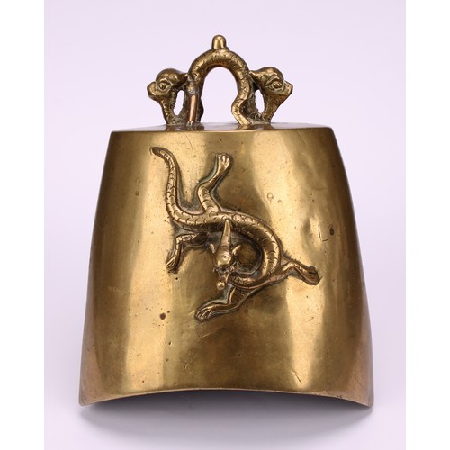 215 - A Chinese cast brass bell gong, cast in relief with dragon and phoenix, 17cm high overall, 19th cent... 