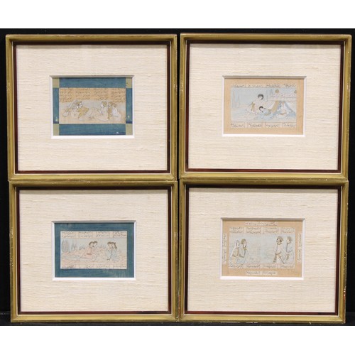 458 - Indian/Persian School 
A set of four, Narrative Scenes
watercolour, gouache and calligraphy picked o... 