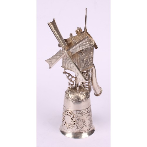 614 - A Dutch silver novelty wager cup, as a windmill, 17cm high, c.1890, 142g