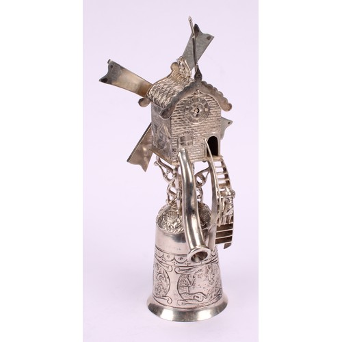 614 - A Dutch silver novelty wager cup, as a windmill, 17cm high, c.1890, 142g