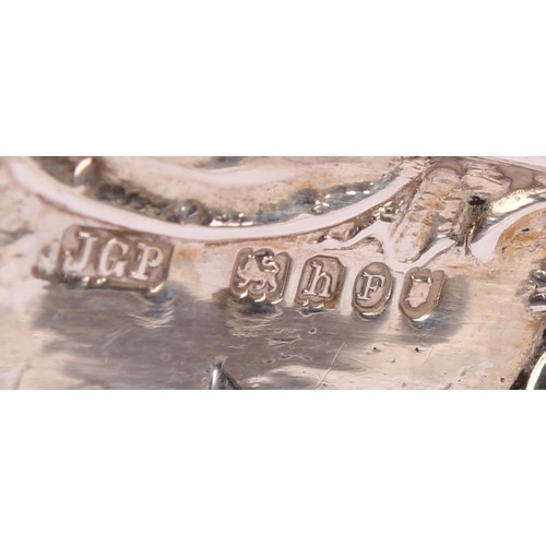 613 - A Dutch silver novelty vessel, as a shoe, chased with putti, 12cm long, import marks for London 1903... 