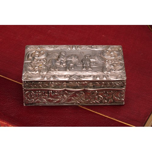 615 - A Dutch silver rectangular snuff box, hinged cover chased with a figure on horseback, within a borde... 