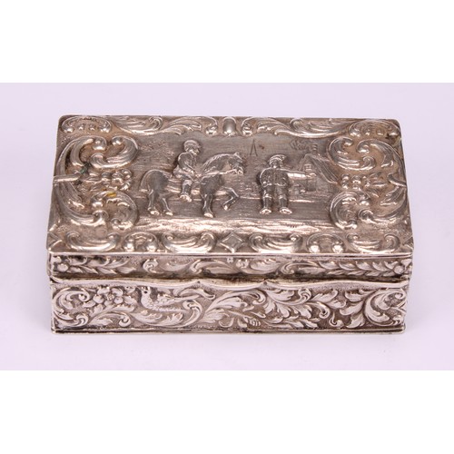 615 - A Dutch silver rectangular snuff box, hinged cover chased with a figure on horseback, within a borde... 