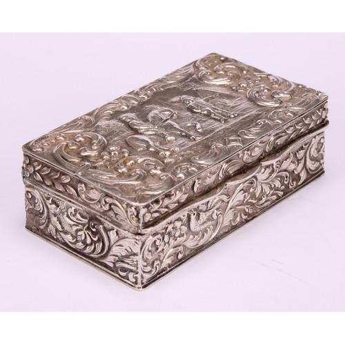 615 - A Dutch silver rectangular snuff box, hinged cover chased with a figure on horseback, within a borde... 