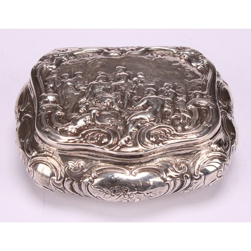 584 - A 19th century Dutch silver table snuff box, hinged cover chased with a scene from Classical antiqui... 