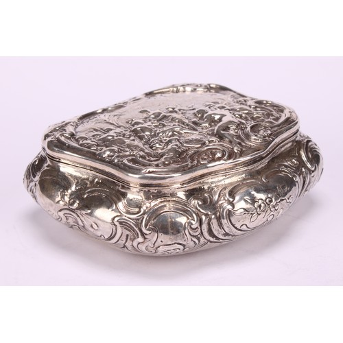 584 - A 19th century Dutch silver table snuff box, hinged cover chased with a scene from Classical antiqui... 