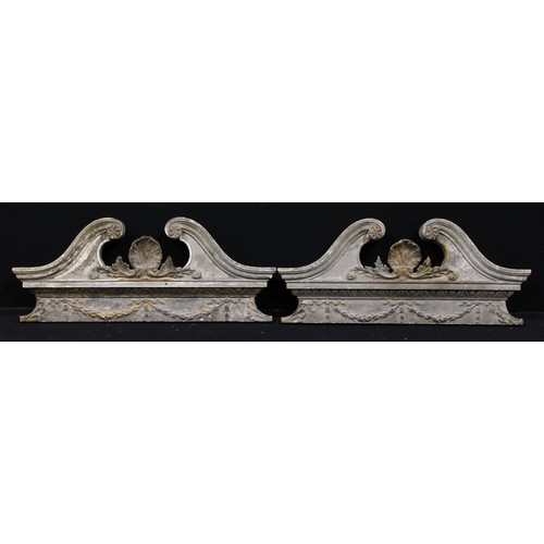 1242 - A pair of late 19th century architectural pediments, each as a swan neck centred by a shell and acan... 