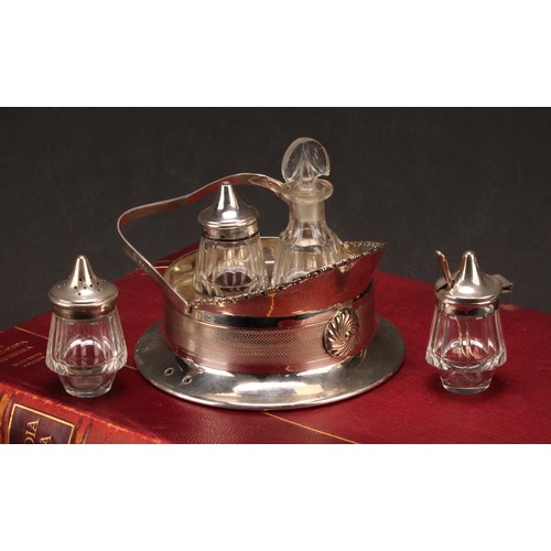 572 - An early 20th century E.P.N.S novelty four-bottle cruet, as an officer's cap, engine turned band, 13... 